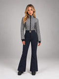 Women's Tweed Panel One-Piece Ski Suit – Belted Snowsuit in Black White Navy — front view