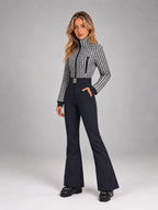 Women's Tweed Panel One-Piece Ski Suit – Belted Snowsuit in Black White Navy — alternate view