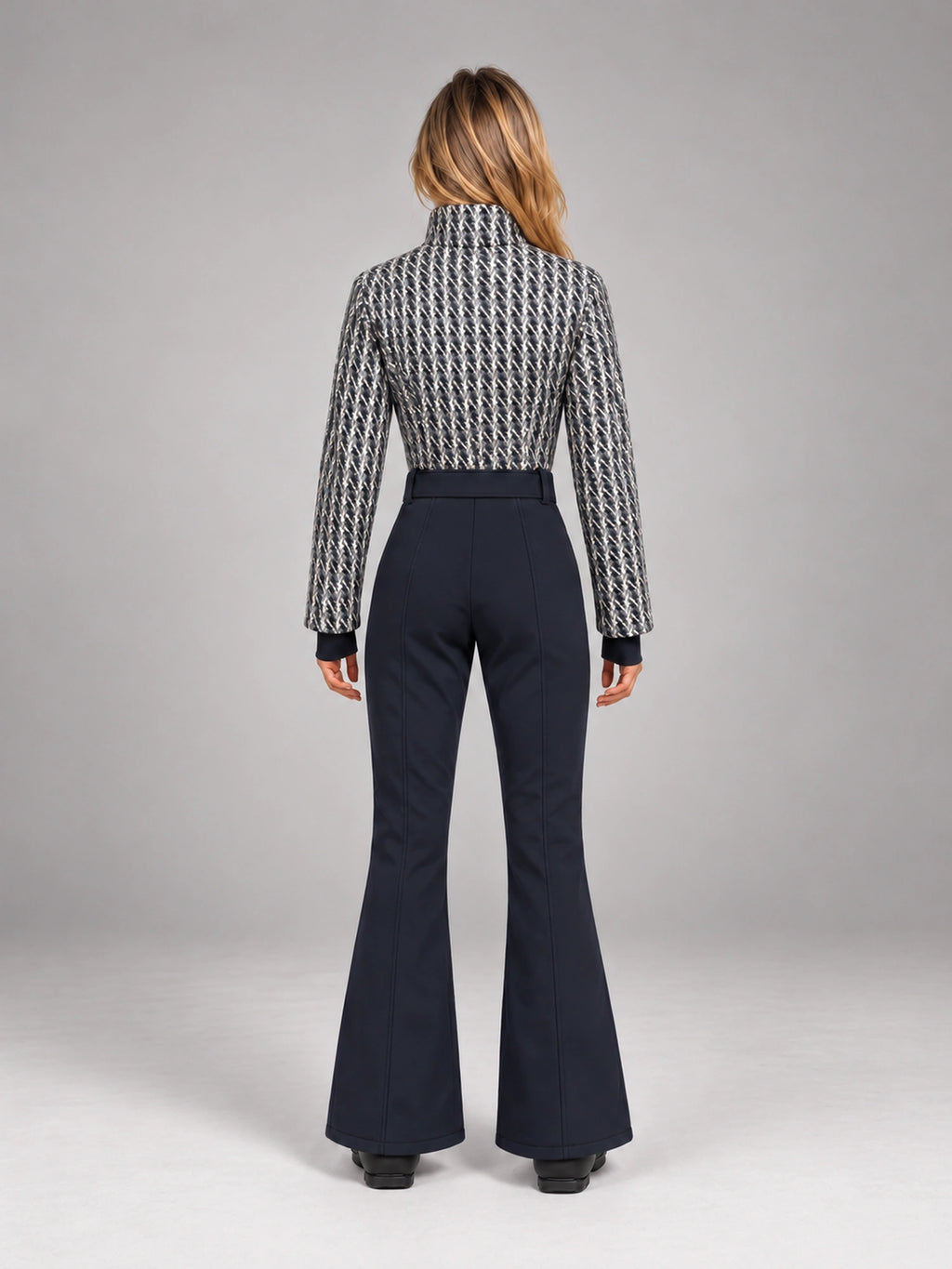 Women's Tweed Panel One-Piece Ski Suit – Belted Snowsuit in Black White Navy — back view