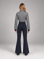 Women's Tweed Panel One-Piece Ski Suit – Belted Snowsuit in Black White Navy — back view