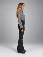Women's Tweed Panel One-Piece Ski Suit – Belted Snowsuit in Black White Navy — side view