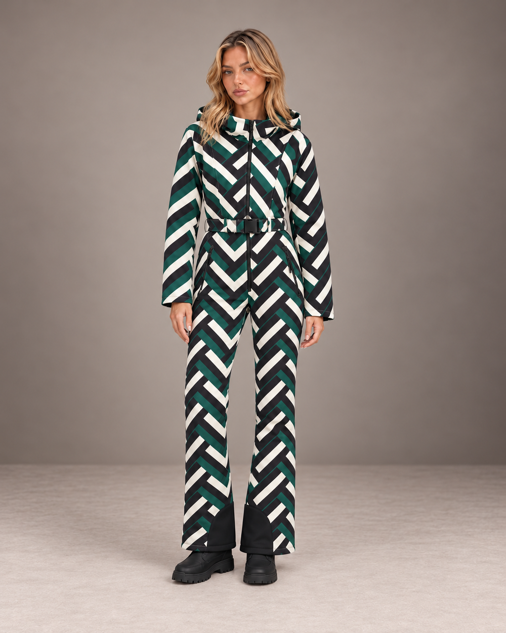 Women's Chevron Ski Suit in Green/Black/White – Hooded One-Piece Snowsuit
