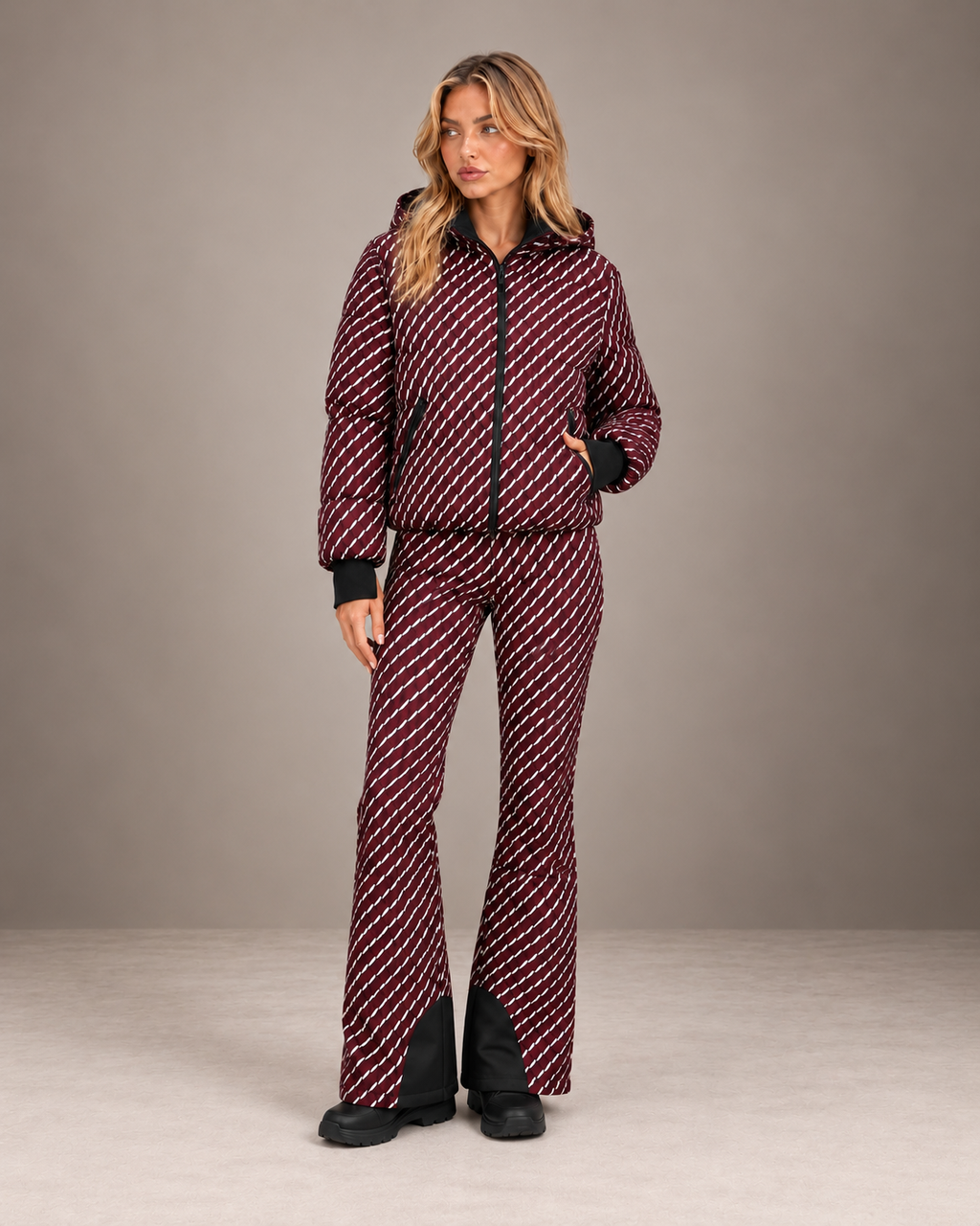Women's Ski Jacket and Pants Set in Burgundy/White – Printed Puffer Ski Outfit