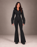Women's Fringe Ski Suit in Black – Retro One-Piece Snowsuit, Belted