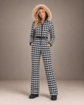 Women's Houndstooth Fur Hood Ski Suit in Black/White – Fitted One-Piece Snowsuit