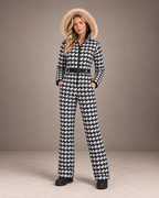 Women's Houndstooth Fur Hood Ski Suit in Black/White – Fitted One-Piece Snowsuit