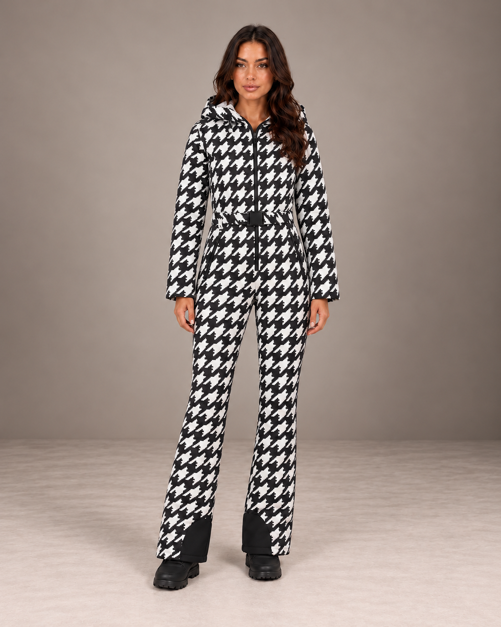 Women's Houndstooth Ski Suit in Black/White – Hooded One-Piece Snowsuit