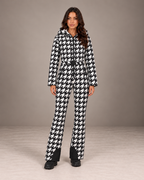 Women's Houndstooth Ski Suit in Black/White – Hooded One-Piece Snowsuit