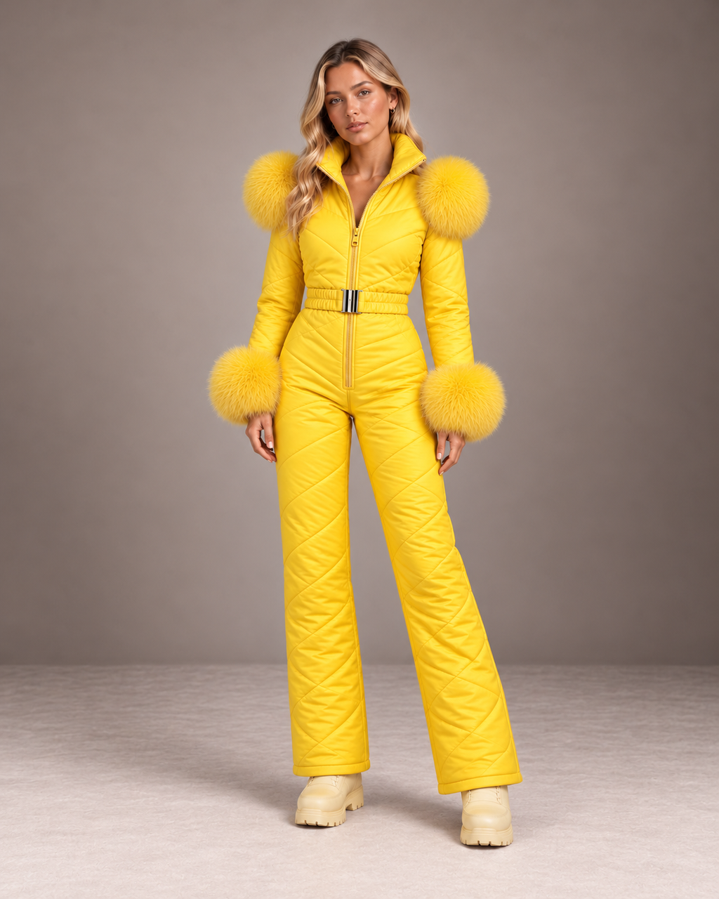 Women's Faux Fur Trim Ski Suit in Yellow – Quilted One-Piece Snowsuit, Belted
