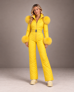 Women's Faux Fur Trim Ski Suit in Yellow – Quilted One-Piece Snowsuit, Belted