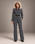 Women's Star Print Ski Suit in Black/White – Fur Hood One-Piece Snowsuit