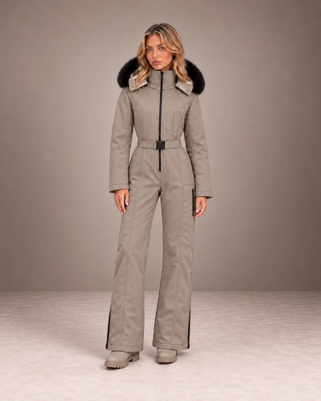 Women's Faux Fur Hood Ski Suit in Taupe – One-Piece Snowsuit, Belted