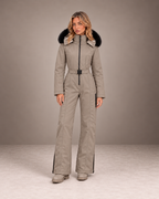 Women's Faux Fur Hood Ski Suit in Taupe – One-Piece Snowsuit, Belted