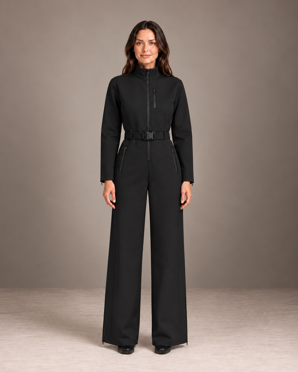 Women's One-Piece Ski Suit in Black – Belted Snowsuit, Stand Collar, Wide Leg