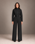 Women's One-Piece Ski Suit in Black – Belted Snowsuit, Stand Collar, Wide Leg