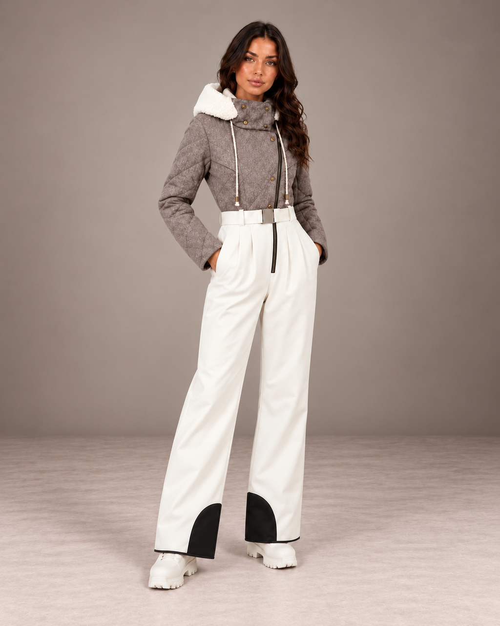 Women's Sherpa Hood Ski Suit in Taupe/Ivory – Two-Tone One-Piece Snowsuit – alternate view