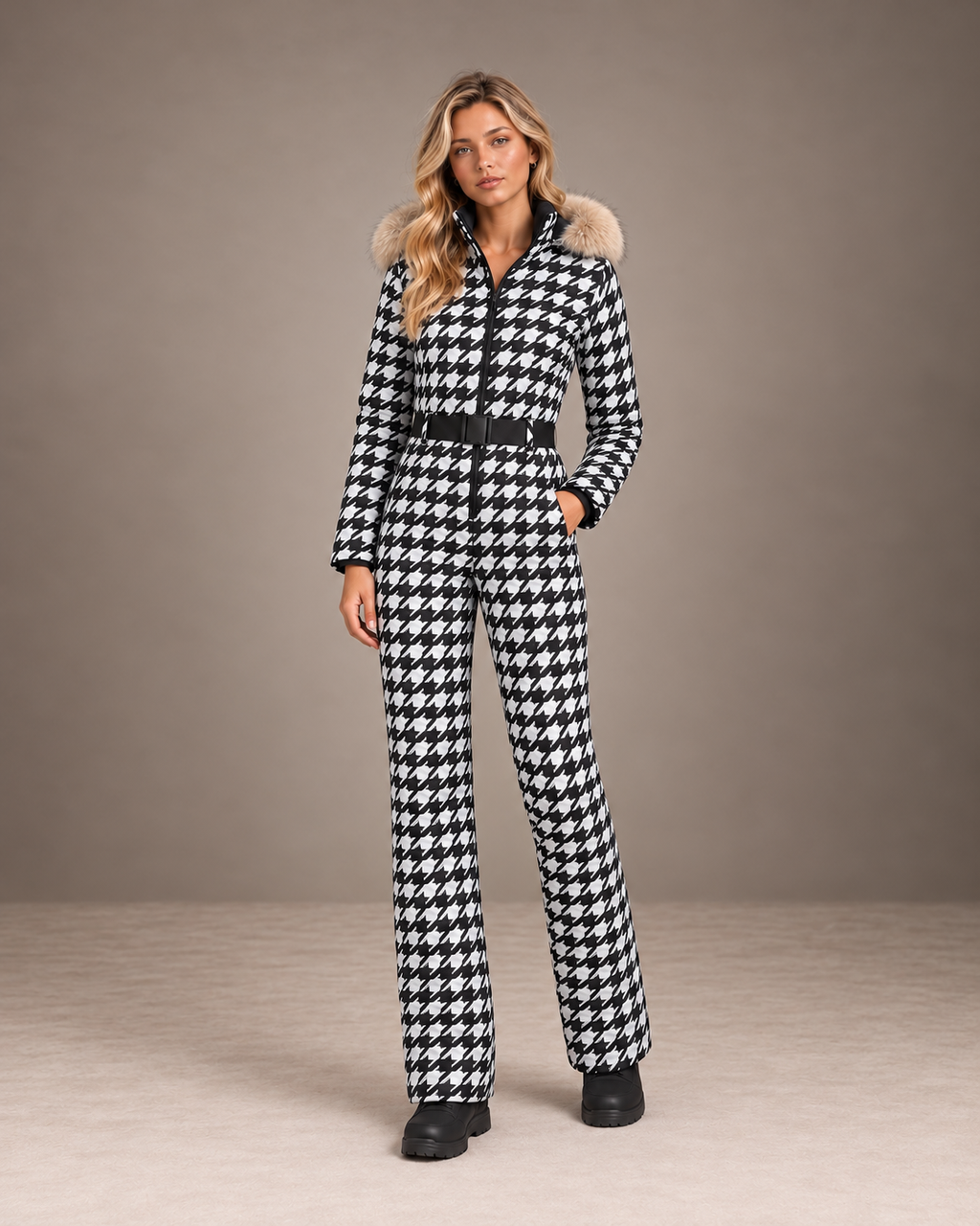Women's Houndstooth Fur Hood Ski Suit in Black/White – Fitted One-Piece Snowsuit – alternate view