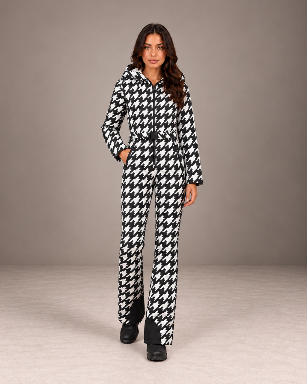 Women's Houndstooth Ski Suit in Black/White – Hooded One-Piece Snowsuit – alternate view