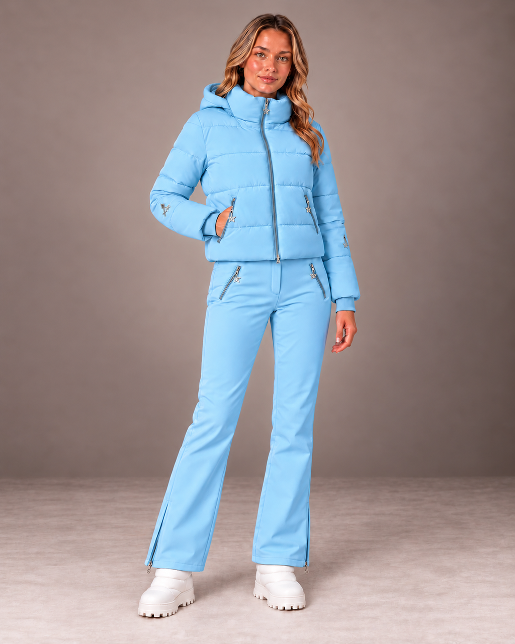 Women's Ski Jacket and Pants Set in Sky Blue – Cropped Puffer Ski Outfit – alternate view