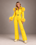 Women's Faux Fur Trim Ski Suit in Yellow – Quilted One-Piece Snowsuit, Belted – alternate view