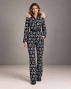 Women's Star Print Ski Suit in Black/White – Fur Hood One-Piece Snowsuit – alternate view