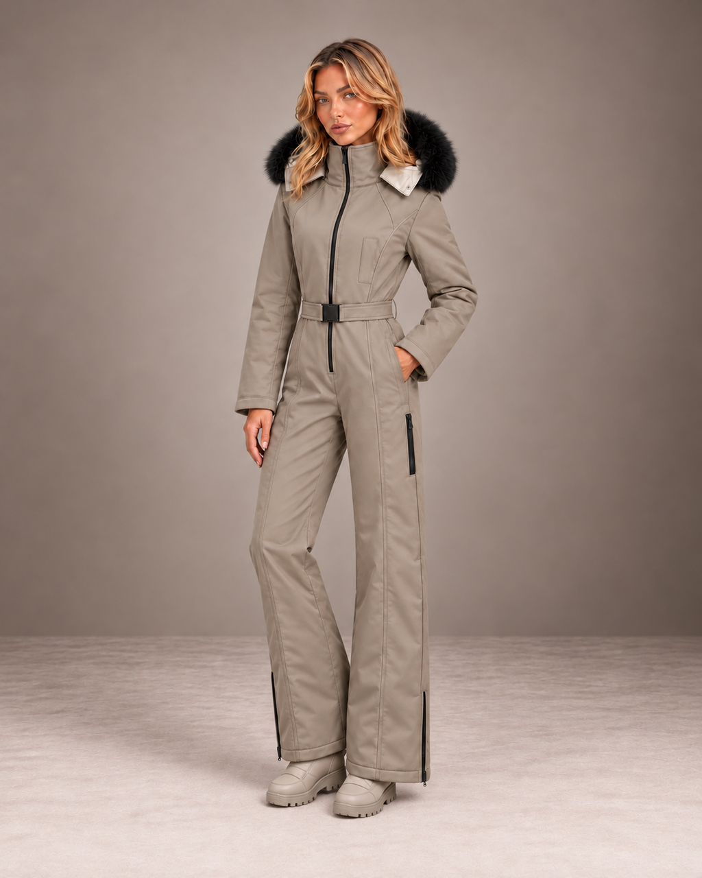 Women's Faux Fur Hood Ski Suit in Taupe – One-Piece Snowsuit, Belted – alternate view