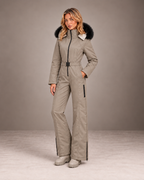 Women's Faux Fur Hood Ski Suit in Taupe – One-Piece Snowsuit, Belted – alternate view
