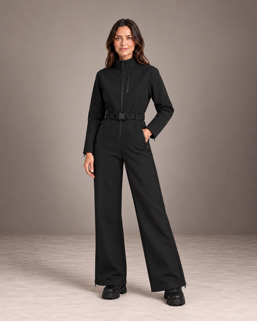 Women's One-Piece Ski Suit in Black – Belted Snowsuit, Stand Collar, Wide Leg – alternate view