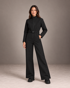 Women's One-Piece Ski Suit in Black – Belted Snowsuit, Stand Collar, Wide Leg – alternate view