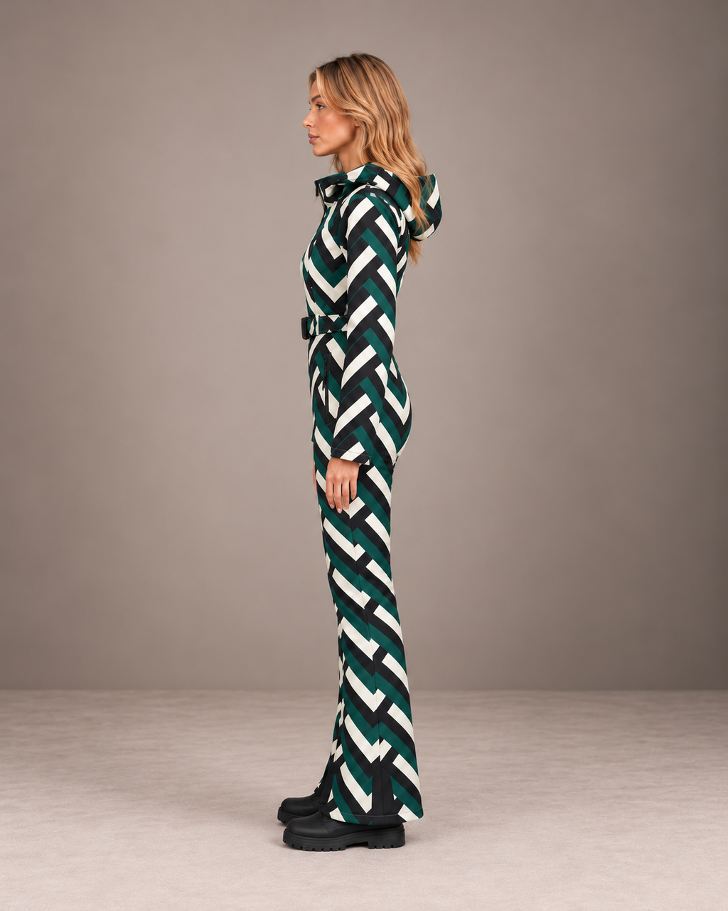 Women's Chevron Ski Suit in Green/Black/White – Hooded One-Piece Snowsuit – side view