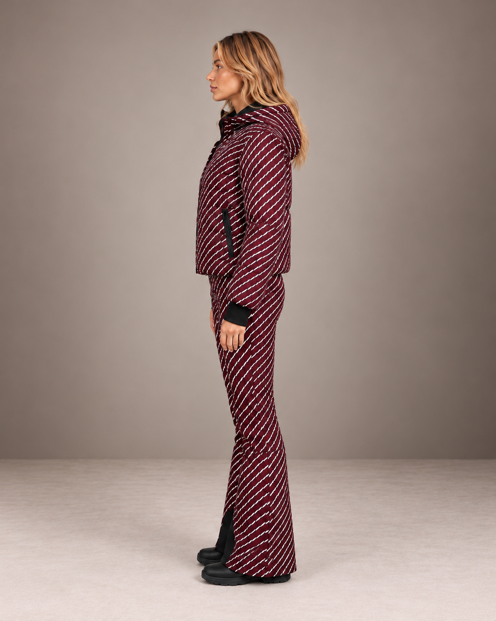 Women's Ski Jacket and Pants Set in Burgundy/White – Printed Puffer Ski Outfit – side view