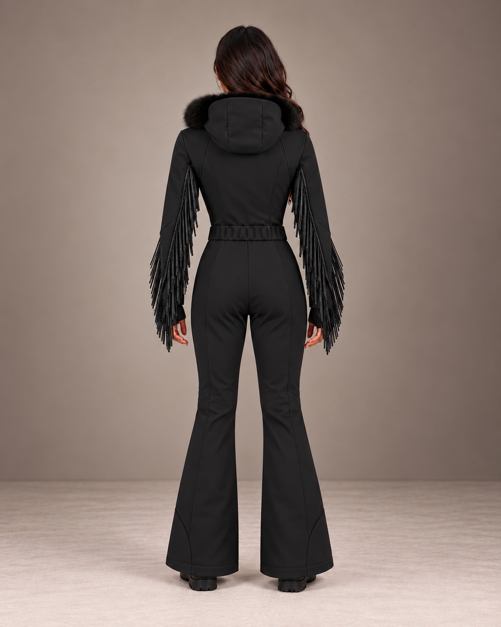 Women's Fringe Ski Suit in Black – Retro One-Piece Snowsuit, Belted – back view
