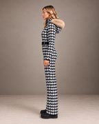 Women's Houndstooth Fur Hood Ski Suit in Black/White – Fitted One-Piece Snowsuit – side view