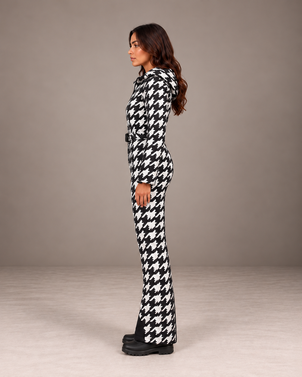 Women's Houndstooth Ski Suit in Black/White – Hooded One-Piece Snowsuit – side view