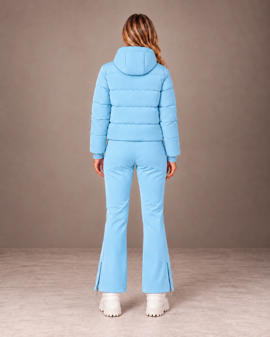 Women's Ski Jacket and Pants Set in Sky Blue – Cropped Puffer Ski Outfit – back view