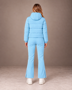 Women's Ski Jacket and Pants Set in Sky Blue – Cropped Puffer Ski Outfit – back view