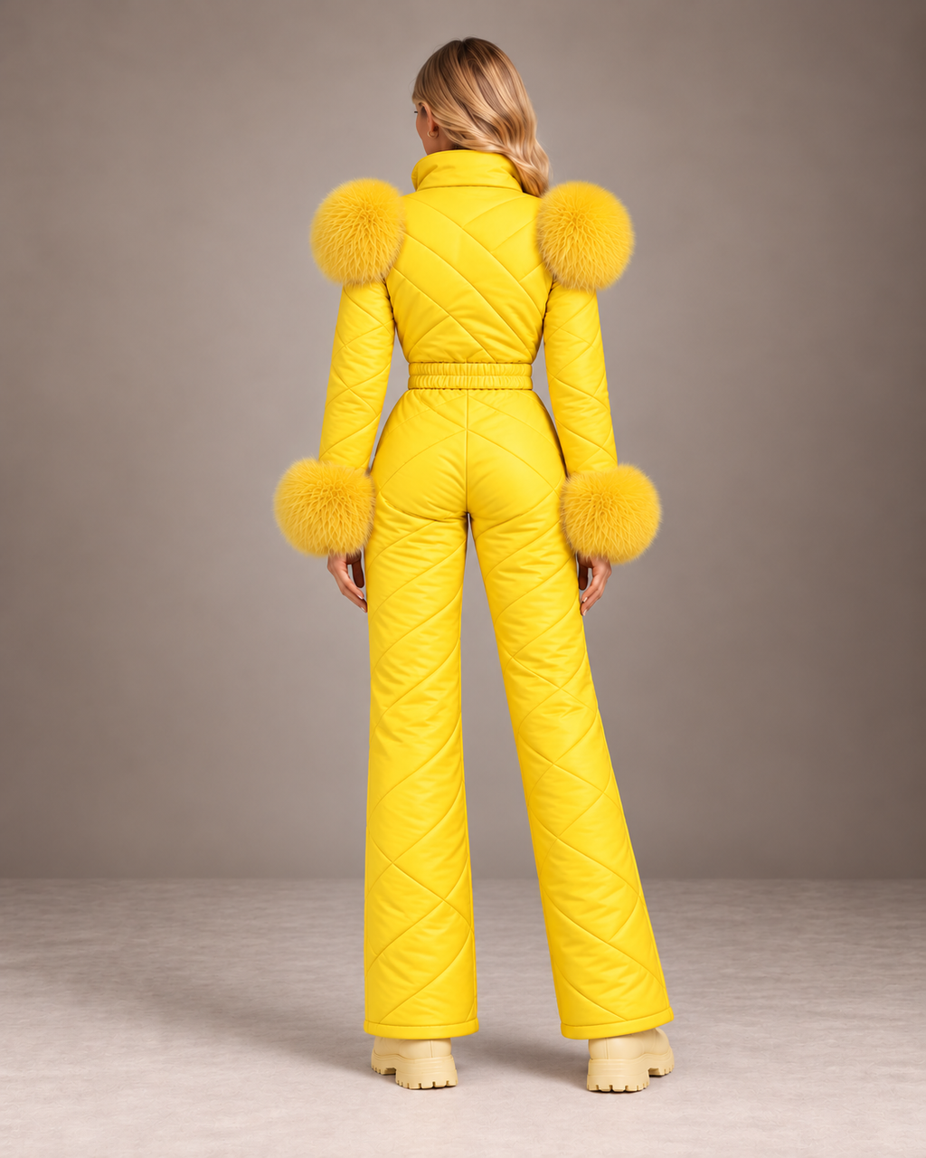 Women's Faux Fur Trim Ski Suit in Yellow – Quilted One-Piece Snowsuit, Belted – back view