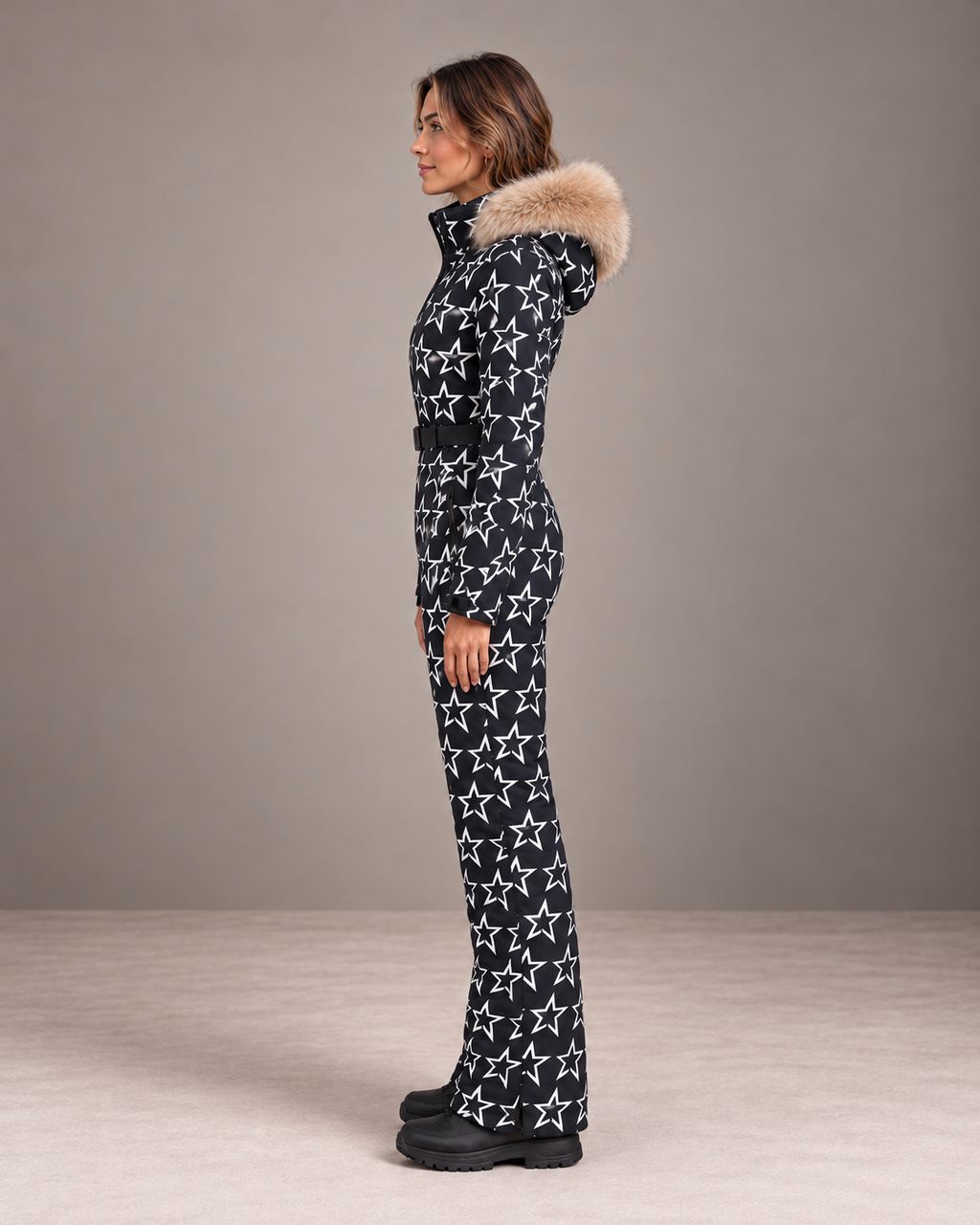 Women's Star Print Ski Suit in Black/White – Fur Hood One-Piece Snowsuit – side view