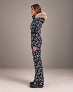 Women's Star Print Ski Suit in Black/White – Fur Hood One-Piece Snowsuit – side view