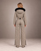 Women's Faux Fur Hood Ski Suit in Taupe – One-Piece Snowsuit, Belted – back view