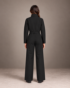 Women's One-Piece Ski Suit in Black – Belted Snowsuit, Stand Collar, Wide Leg – back view