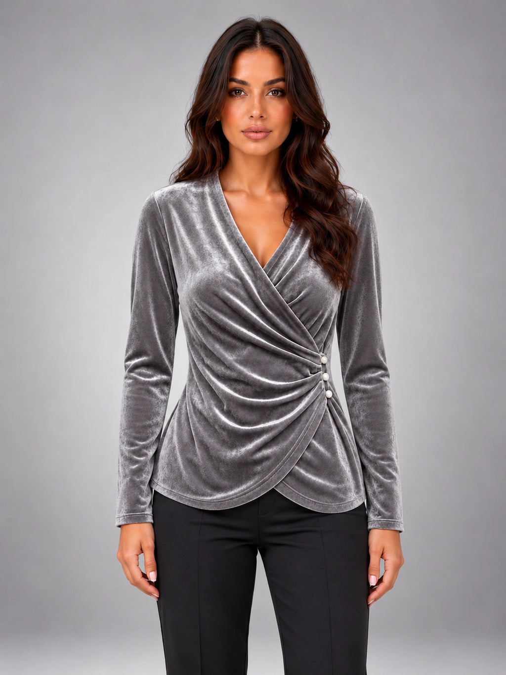 Women's Velvet Wrap Blouse – V-Neck Gathered Sleeve in Silver Gray — front view