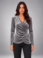Women's Velvet Wrap Blouse – V-Neck Gathered Sleeve in Silver Gray — front view