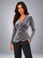 Women's Velvet Wrap Blouse – V-Neck Gathered Sleeve in Silver Gray — alternate view