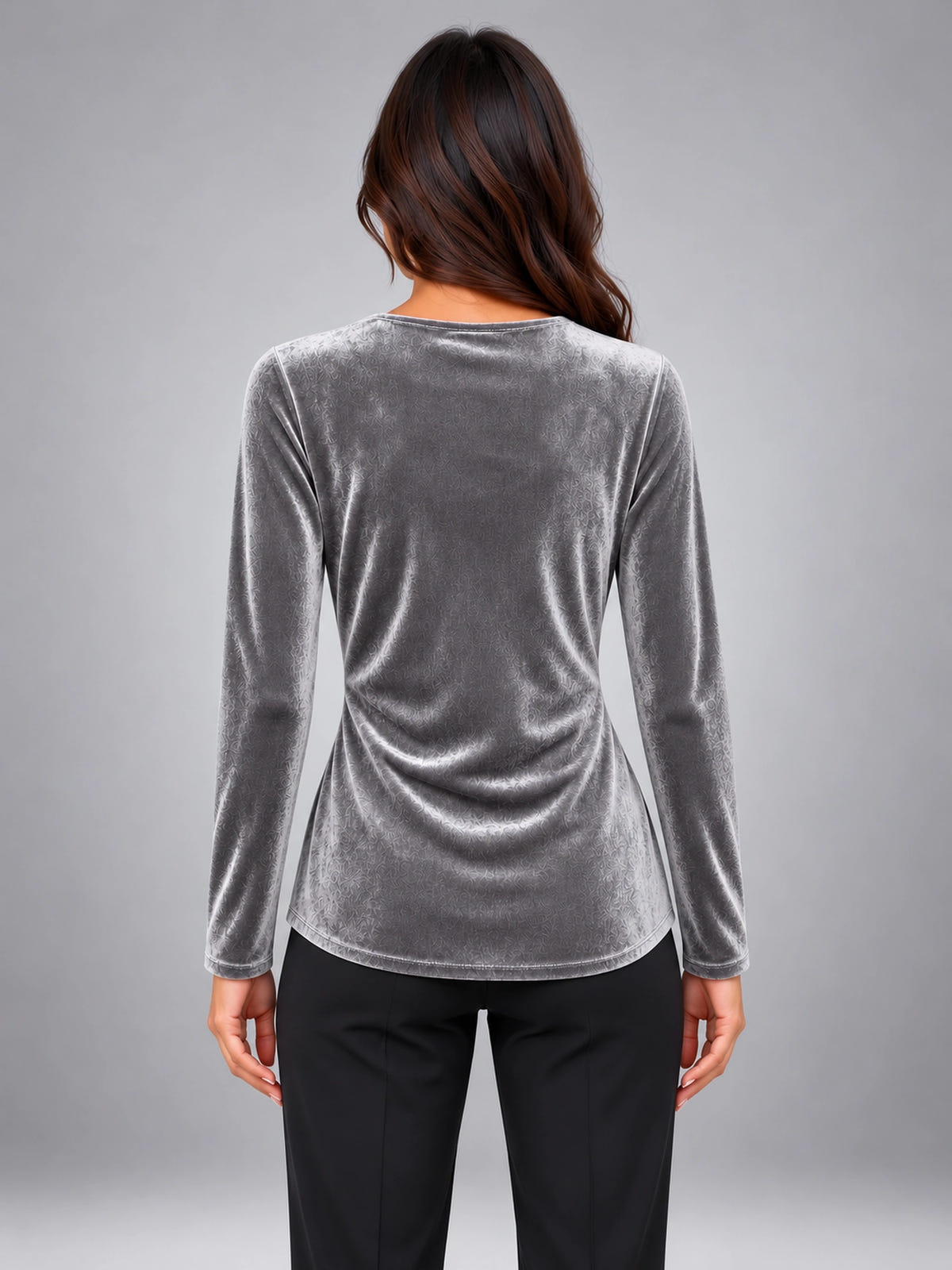 Women's Velvet Wrap Blouse – V-Neck Gathered Sleeve in Silver Gray — back view
