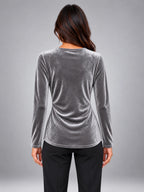 Women's Velvet Wrap Blouse – V-Neck Gathered Sleeve in Silver Gray — back view