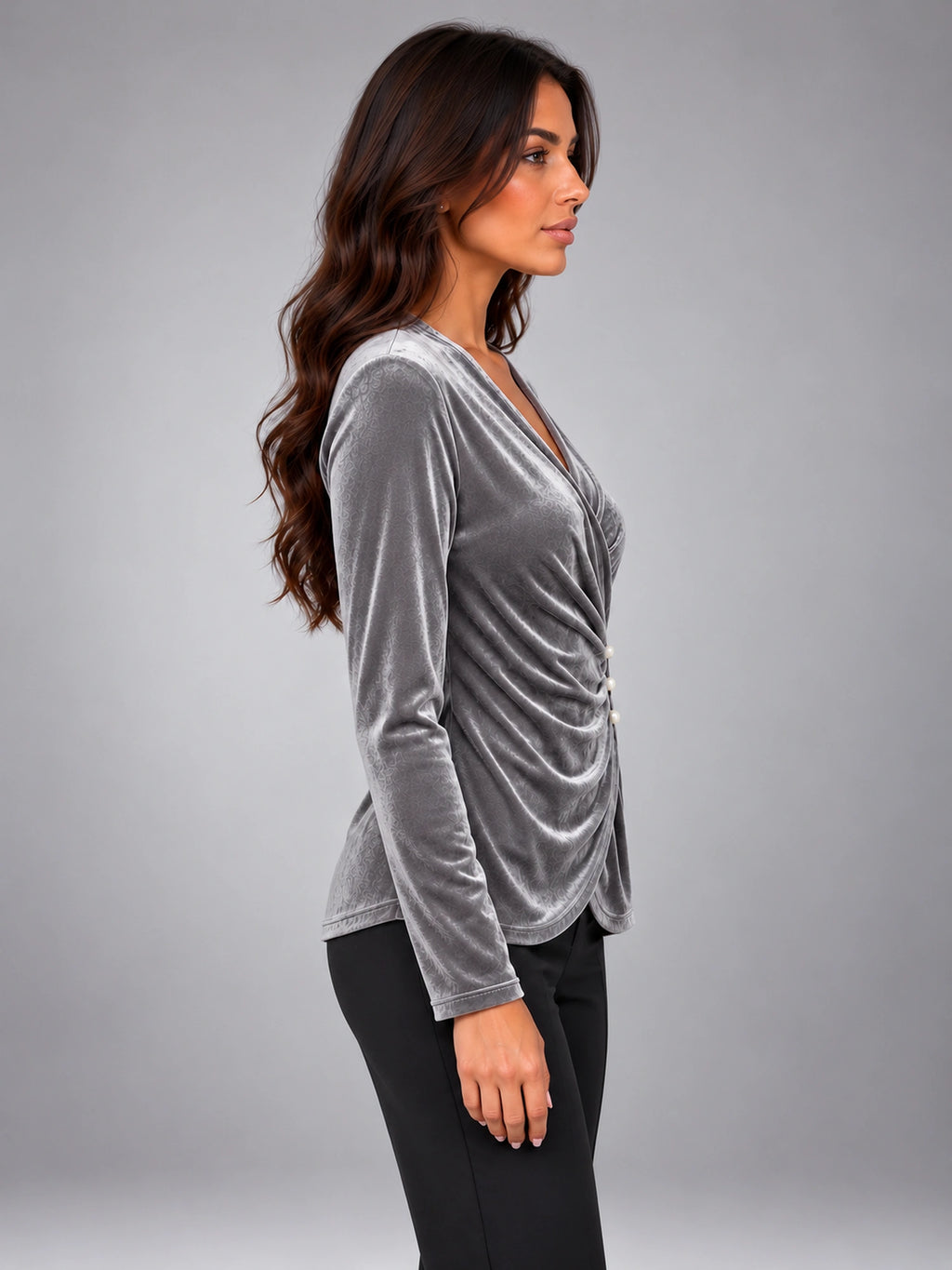 Women's Velvet Wrap Blouse – V-Neck Gathered Sleeve in Silver Gray — side view