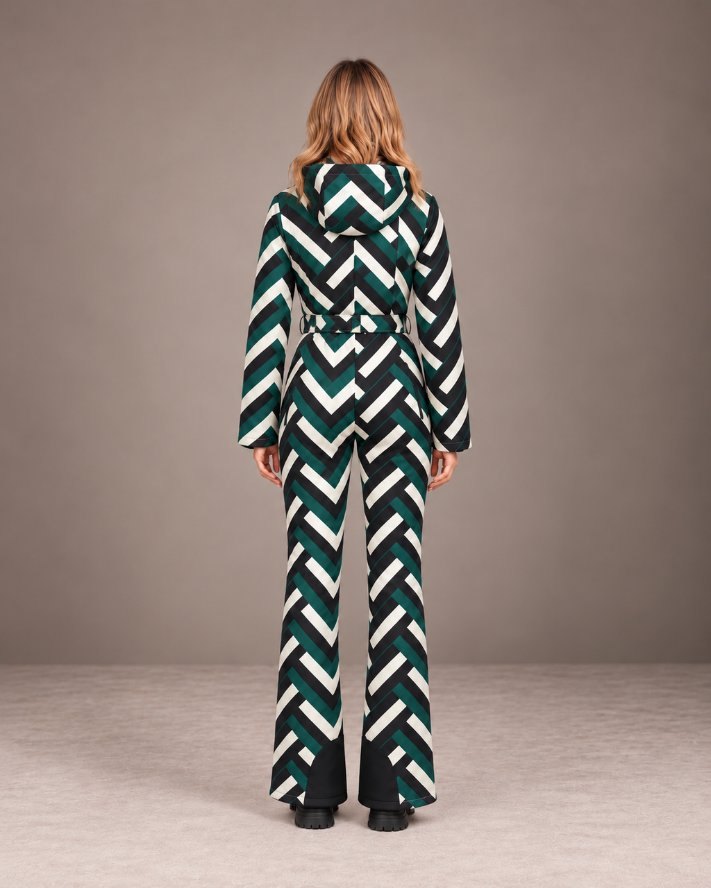 Women's Chevron Ski Suit in Green/Black/White – Hooded One-Piece Snowsuit – back view