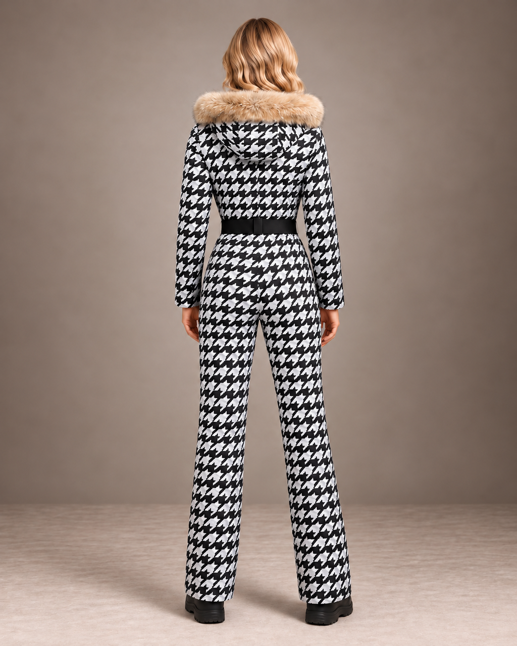 Women's Houndstooth Fur Hood Ski Suit in Black/White – Fitted One-Piece Snowsuit – back view