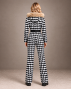 Women's Houndstooth Fur Hood Ski Suit in Black/White – Fitted One-Piece Snowsuit – back view